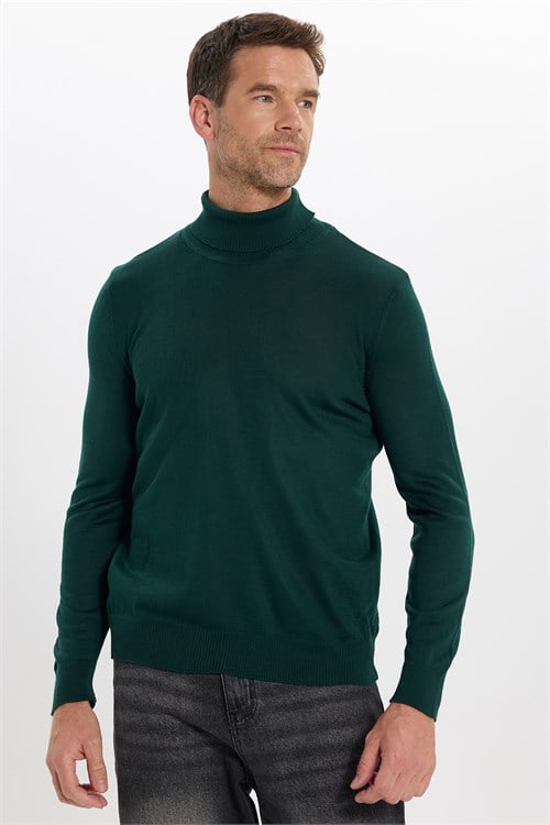 Erkek Slim Fit Tam Boğazlı Yaka Düz Yün Yeşil Triko Kazak