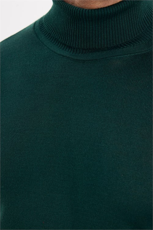 Erkek Slim Fit Tam Boğazlı Yaka Düz Yün Yeşil Triko Kazak