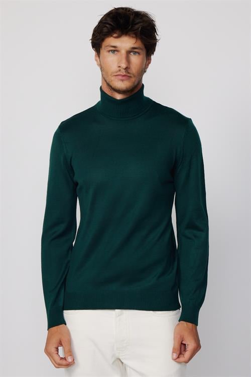 Erkek Slim Fit Tam Boğazlı Yaka Düz Yün Yeşil Triko Kazak