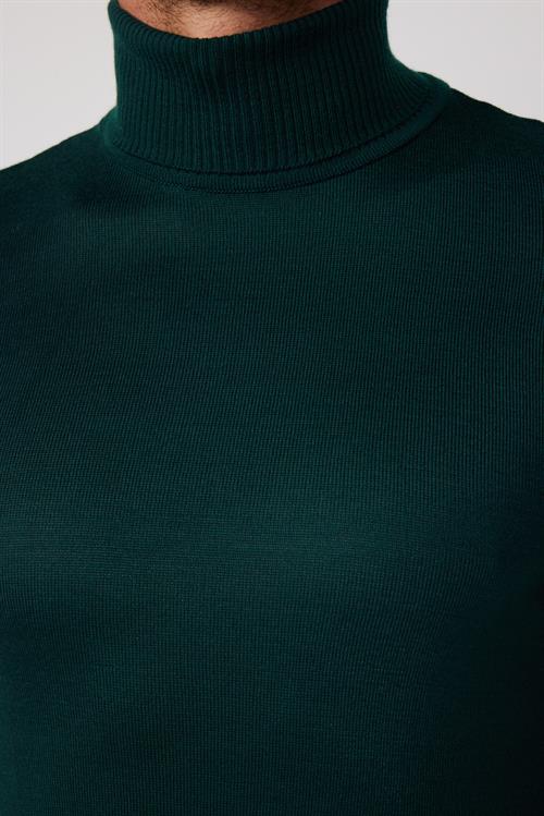 Erkek Slim Fit Tam Boğazlı Yaka Düz Yün Yeşil Triko Kazak