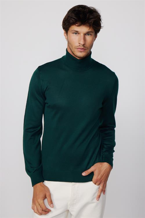 Erkek Slim Fit Tam Boğazlı Yaka Düz Yün Yeşil Triko Kazak