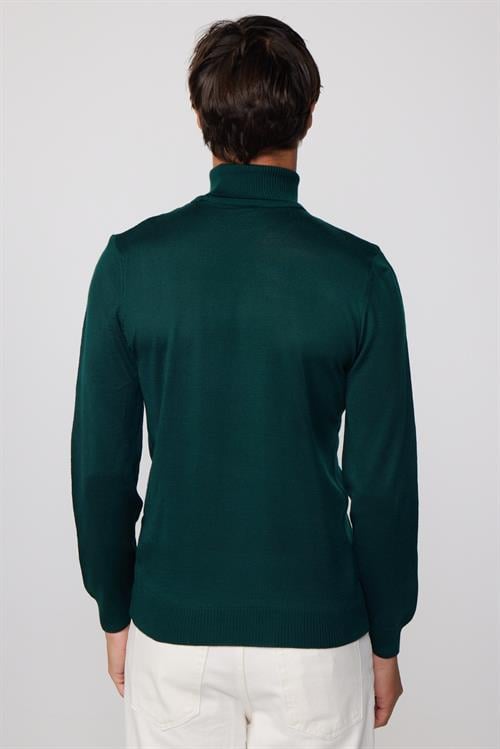 Erkek Slim Fit Tam Boğazlı Yaka Düz Yün Yeşil Triko Kazak