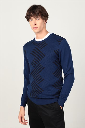 Erkek Slim Fit Bisiklet Yaka Desenli Lacivert Triko Kazak