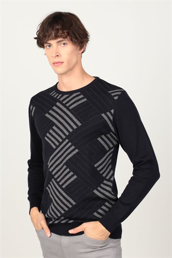 Erkek Slim Fit Bisiklet Yaka Desenli Lacivert Triko Kazak
