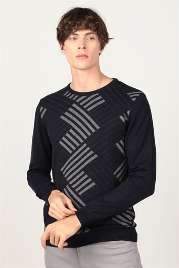Erkek Slim Fit Bisiklet Yaka Desenli Lacivert Triko Kazak