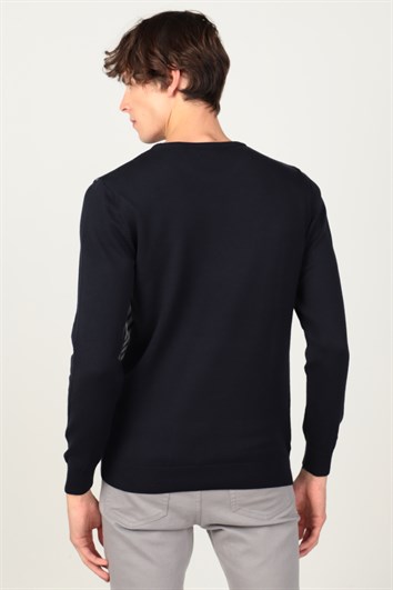 Erkek Slim Fit Bisiklet Yaka Desenli Lacivert Triko Kazak