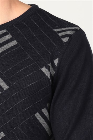 Erkek Slim Fit Bisiklet Yaka Desenli Lacivert Triko Kazak