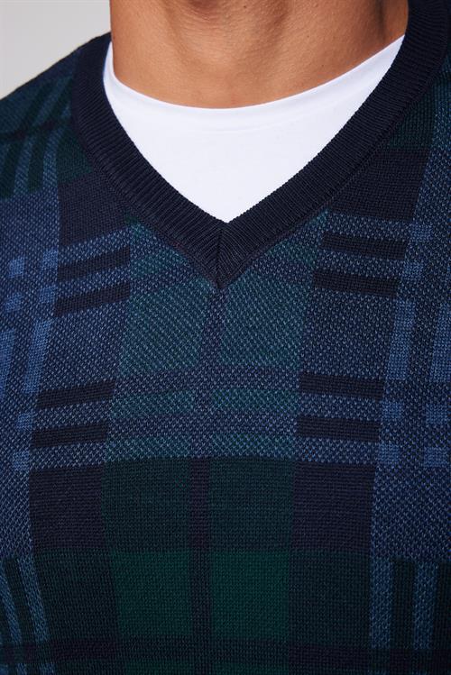 Erkek Slim Fit V Yaka Kareli Lacivert Triko Kazak