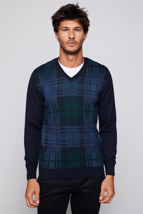 Erkek Slim Fit V Yaka Kareli Lacivert Triko Kazak