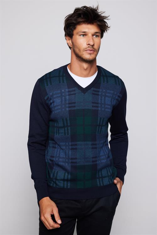 Erkek Slim Fit V Yaka Kareli Lacivert Triko Kazak