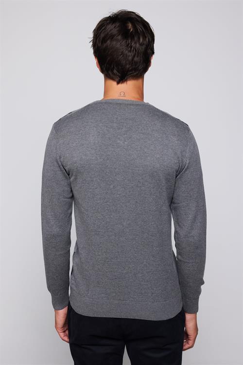 Erkek Slim Fit V Yaka Kareli Gri Triko Kazak