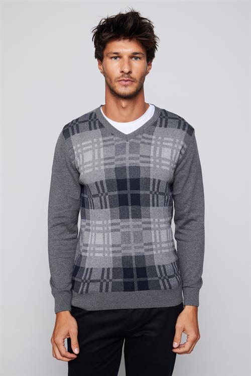 Erkek Slim Fit V Yaka Kareli Gri Triko Kazak