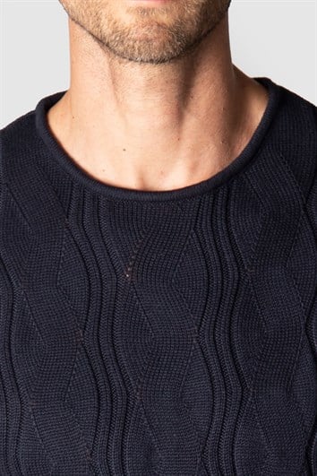 Erkek Slim Fit Bisiklet Yaka Desenli Lacivert Triko Kazak