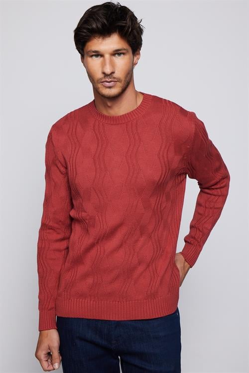 Erkek Slim Fit Bisiklet Yaka Desenli Kırmızı Triko Kazak