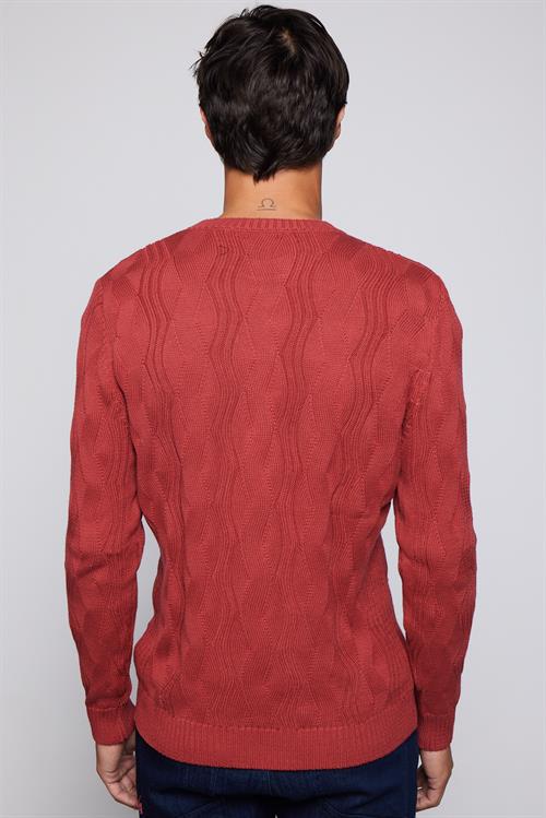 Erkek Slim Fit Bisiklet Yaka Desenli Kırmızı Triko Kazak