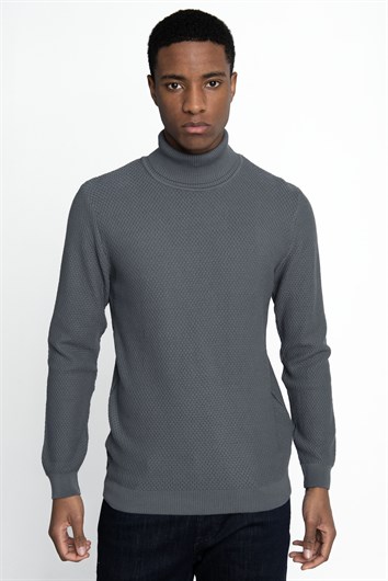 Erkek Slim Fit Balıkçı Yaka Desenli Antrasit Triko Kazak