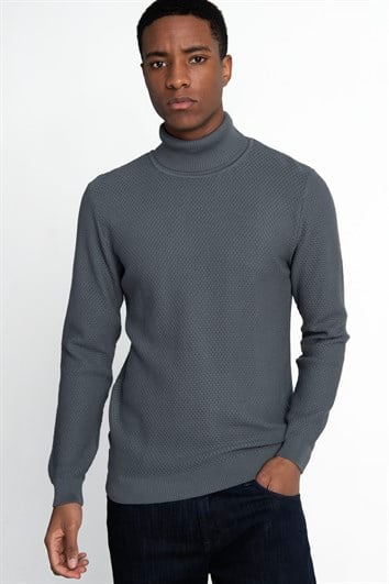 Erkek Slim Fit Balıkçı Yaka Desenli Antrasit Triko Kazak