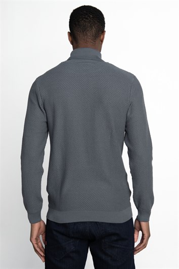 Erkek Slim Fit Balıkçı Yaka Desenli Antrasit Triko Kazak