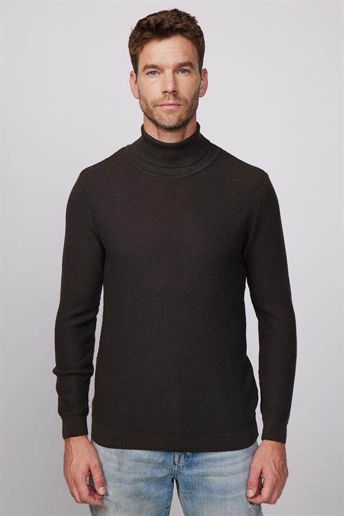 Erkek Slim Fit Balıkçı Yaka Desenli Gri Triko Kazak