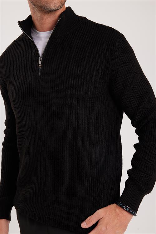 Erkek Slim Fit Dar Kesim Fermuarlı Siyah Dik Yaka Triko Kazak