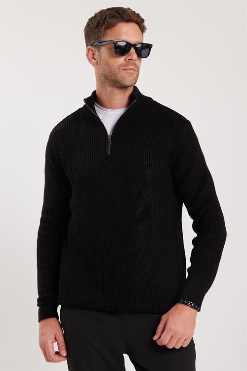 Erkek Slim Fit Dar Kesim Fermuarlı Siyah Dik Yaka Triko Kazak