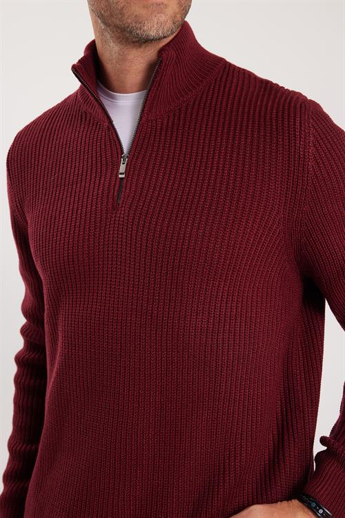 Erkek Slim Fit Dar Kesim Fermuarlı Bordo Dik Yaka Triko Kazak