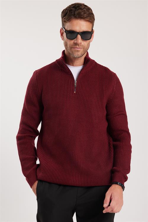 Erkek Slim Fit Dar Kesim Fermuarlı Bordo Dik Yaka Triko Kazak