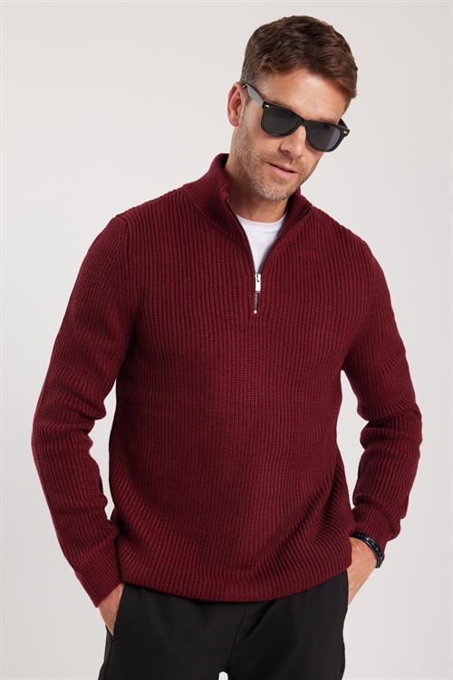 Erkek Slim Fit Dar Kesim Fermuarlı Bordo Dik Yaka Triko Kazak