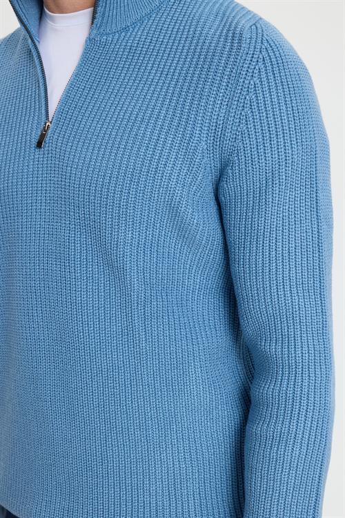 Erkek Slim Fit Dar Kesim Fermuarlı İndigo Dik Yaka Triko Kazak