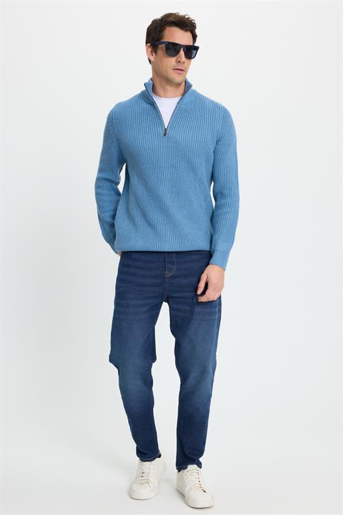 Erkek Slim Fit Dar Kesim Fermuarlı İndigo Dik Yaka Triko Kazak