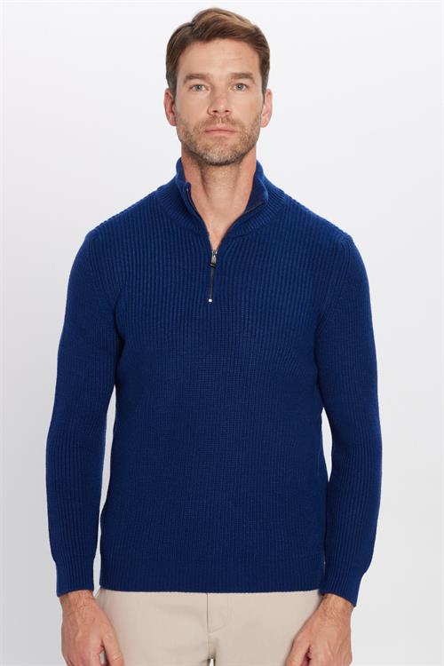 Erkek Slim Fit Dar Kesim Fermuarlı Sax Mavi Dik Yaka Triko Kazak