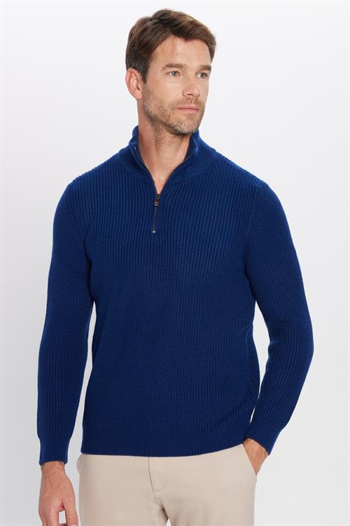 Erkek Slim Fit Dar Kesim Fermuarlı Sax Mavi Dik Yaka Triko Kazak