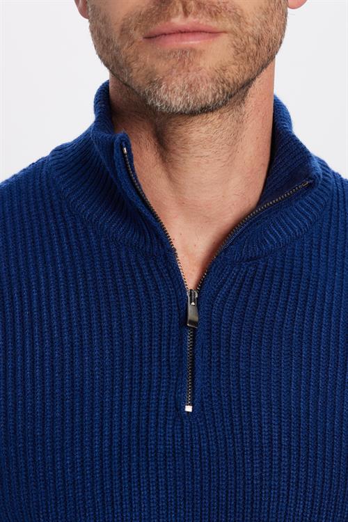 Erkek Slim Fit Dar Kesim Fermuarlı Sax Mavi Dik Yaka Triko Kazak