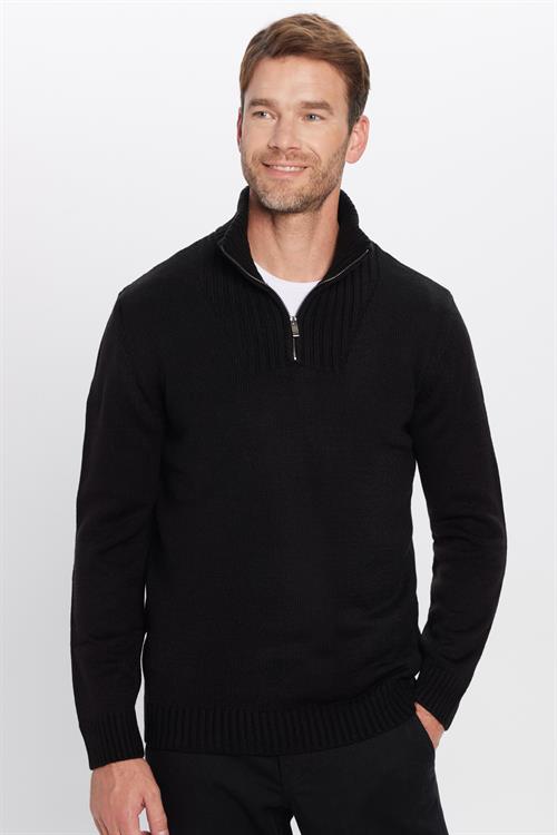 Erkek Slim Fit Dar Kesim Armürlü Fermuarlı Siyah Dik Yaka Kazak