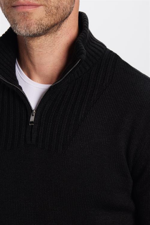 Erkek Slim Fit Dar Kesim Armürlü Fermuarlı Siyah Dik Yaka Kazak