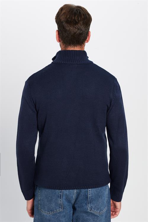 Erkek Slim Fit Dar Kesim Armürlü Fermuarlı Lacivert Dik Yaka Kazak