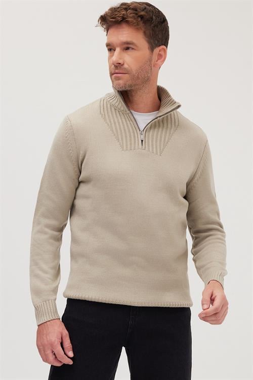 Erkek Slim Fit Dar Kesim Armürlü Fermuarlı Taş Dik Yaka Kazak