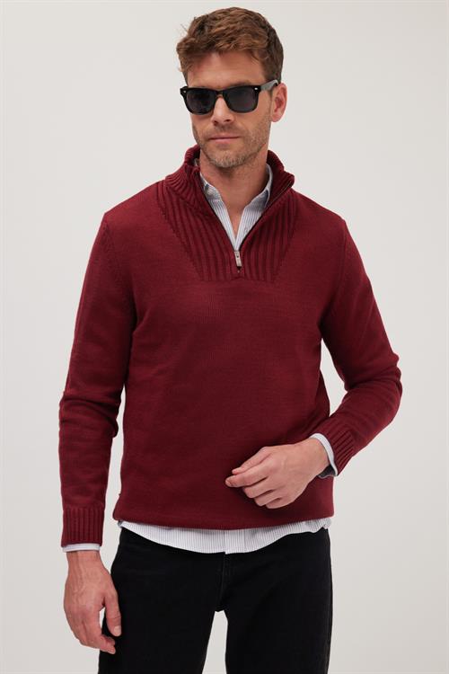 Erkek Slim Fit Dar Kesim Armürlü Fermuarlı Bordo Dik Yaka Kazak