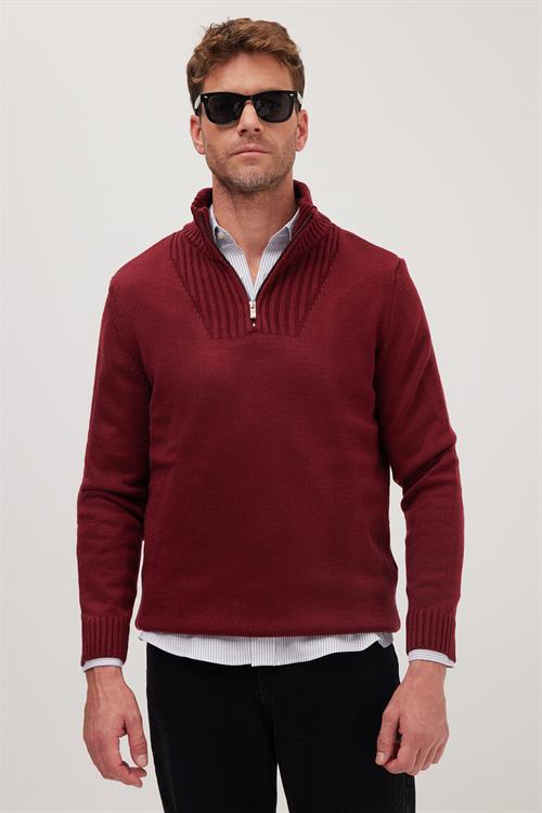 Erkek Slim Fit Dar Kesim Armürlü Fermuarlı Bordo Dik Yaka Kazak