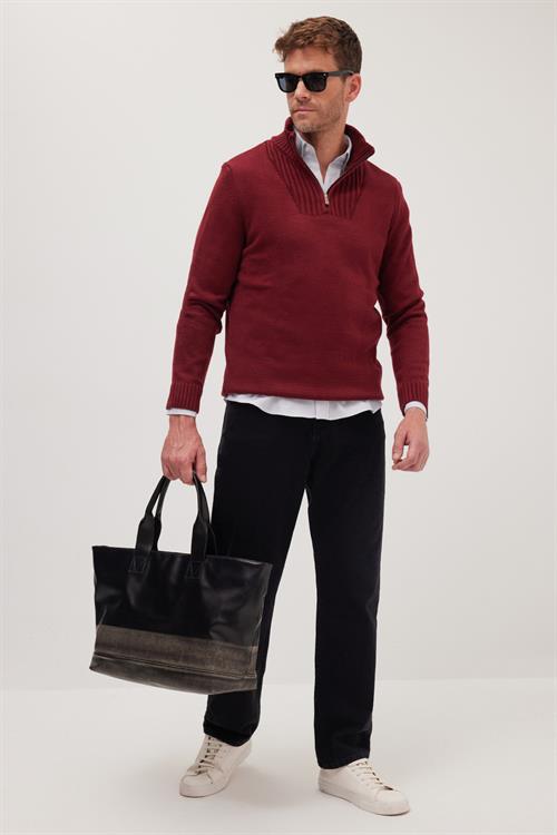 Erkek Slim Fit Dar Kesim Armürlü Fermuarlı Bordo Dik Yaka Kazak