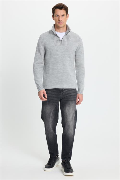 Erkek Slim Fit Dar Kesim Armürlü Fermuarlı Gri Dik Yaka Kazak