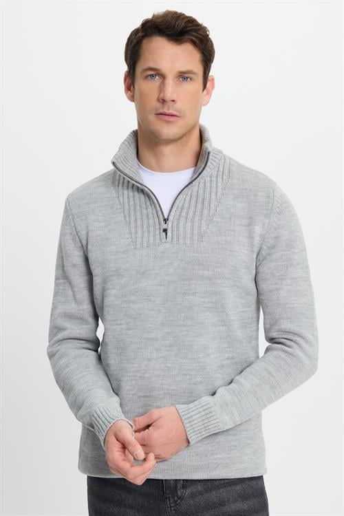 Erkek Slim Fit Dar Kesim Armürlü Fermuarlı Gri Dik Yaka Kazak