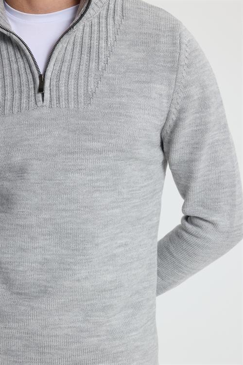 Erkek Slim Fit Dar Kesim Armürlü Fermuarlı Gri Dik Yaka Kazak