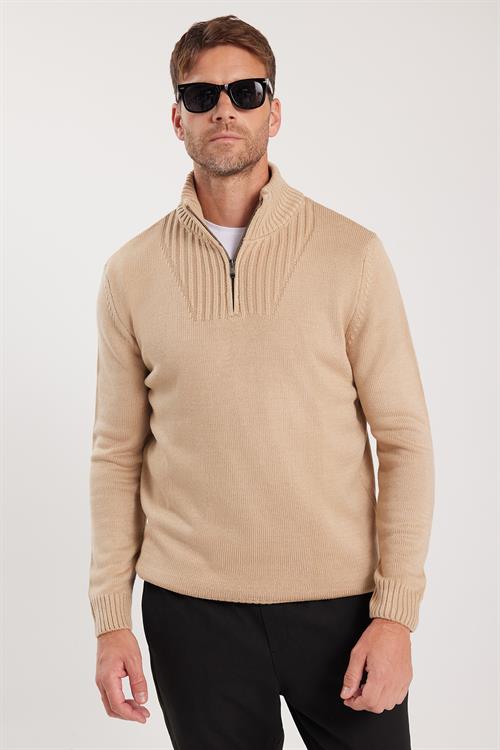 Erkek Slim Fit Dar Kesim Armürlü Fermuarlı Taş Dik Yaka Kazak