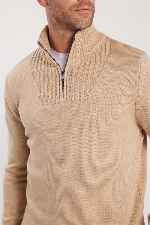 Erkek Slim Fit Dar Kesim Armürlü Fermuarlı Taş Dik Yaka Kazak