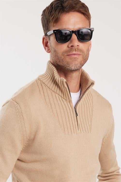 Erkek Slim Fit Dar Kesim Armürlü Fermuarlı Taş Dik Yaka Kazak