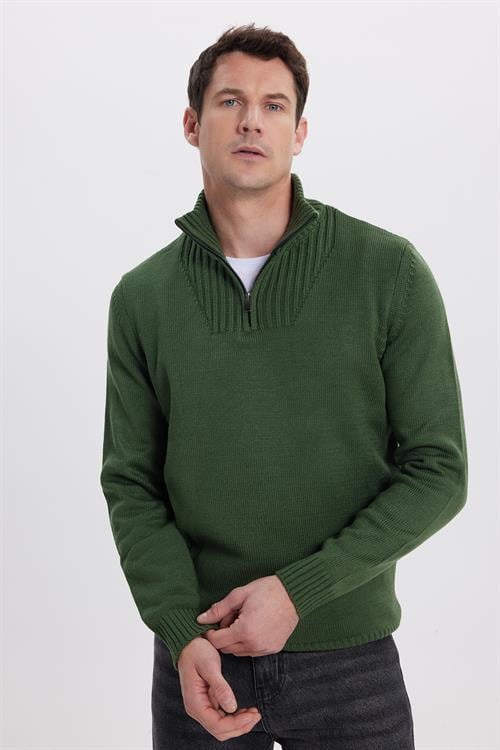 Erkek Slim Fit Dar Kesim Armürlü Fermuarlı Yeşil Dik Yaka Kazak