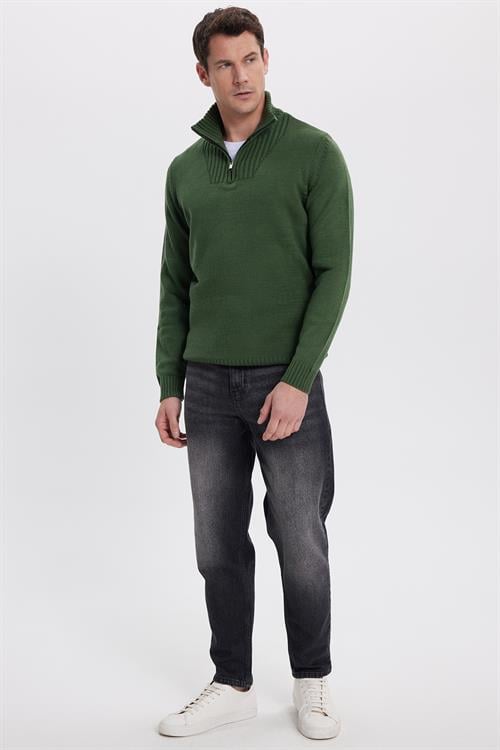 Erkek Slim Fit Dar Kesim Armürlü Fermuarlı Yeşil Dik Yaka Kazak