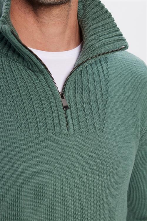 Erkek Slim Fit Dar Kesim Armürlü Fermuarlı Yeşil Dik Yaka Kazak