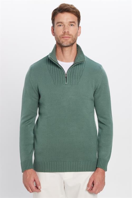 Erkek Slim Fit Dar Kesim Armürlü Fermuarlı Yeşil Dik Yaka Kazak